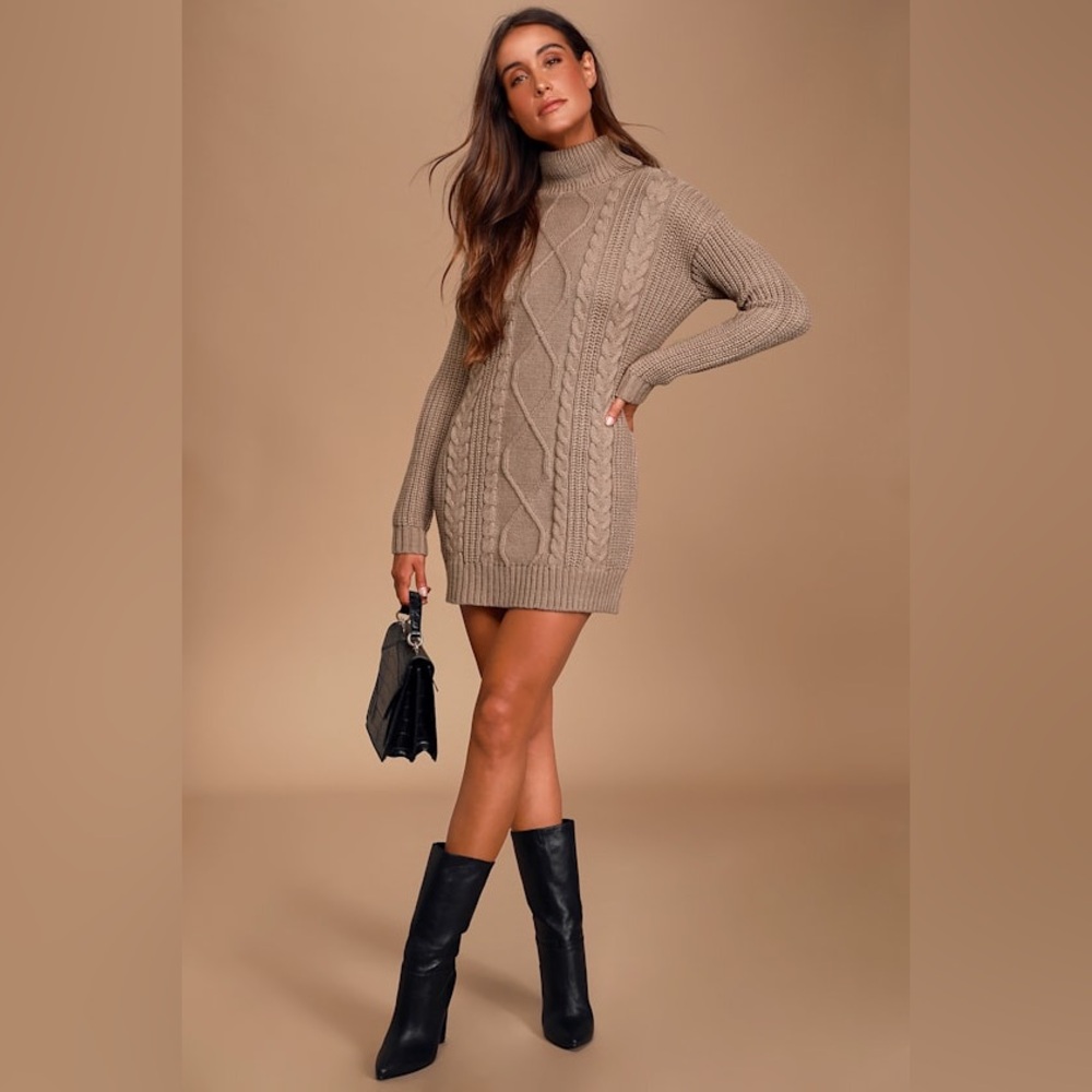 Lulu’s Taupe Cable Knit Turtleneck Sweater Dress